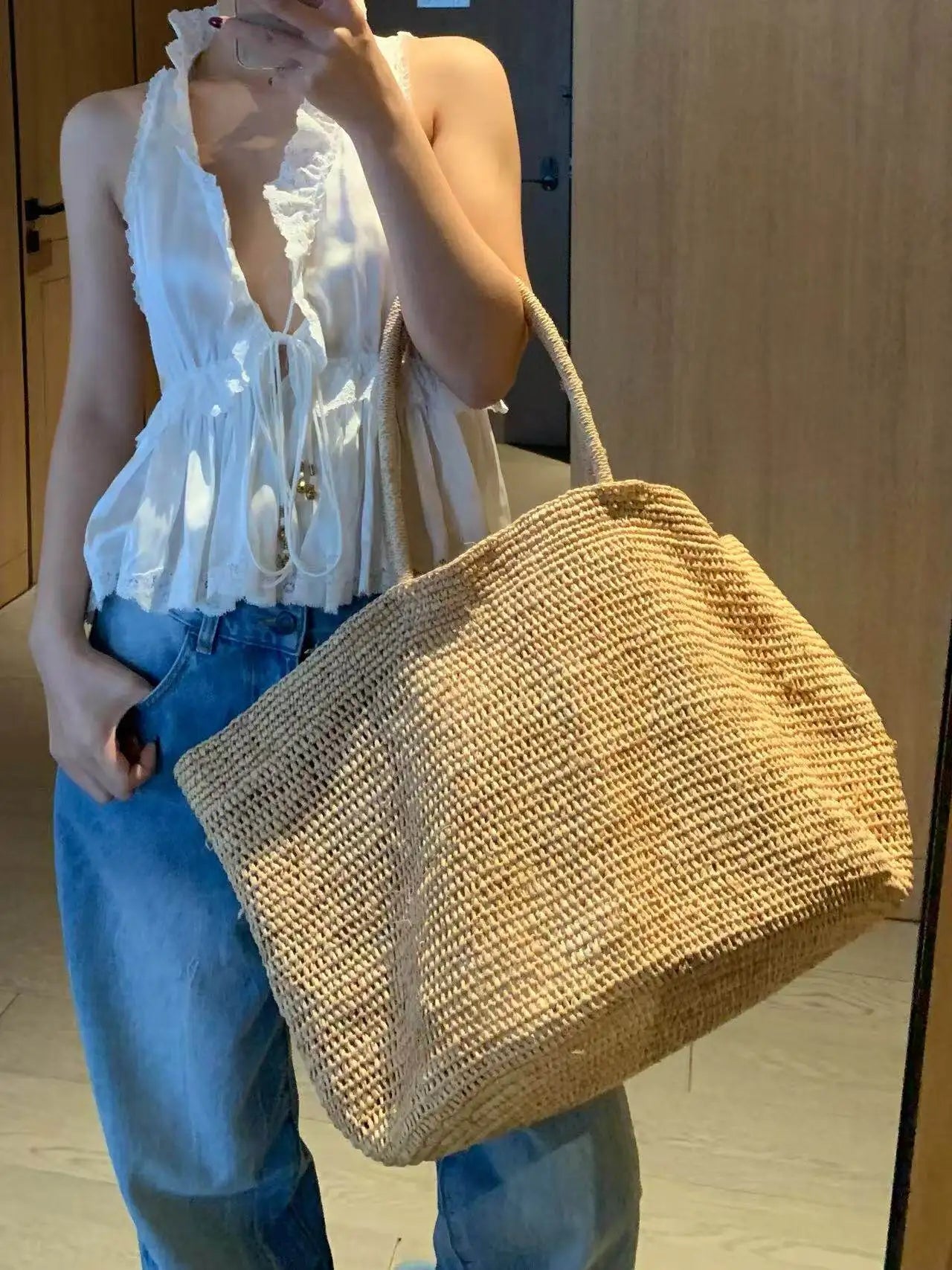Large Handwoven Rattan Tote Bag for Women Natural Straw Beach Bag Purse Luxury Shoulder Bags Handbag Summer