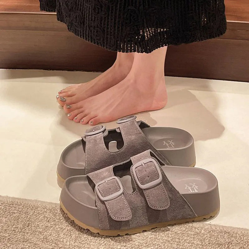 Bebealy Women Slippers With A Buckle Women's Shoes New Summer Casual Slippers Retro Trend Beach Slippers Round-headed Flip-Flops