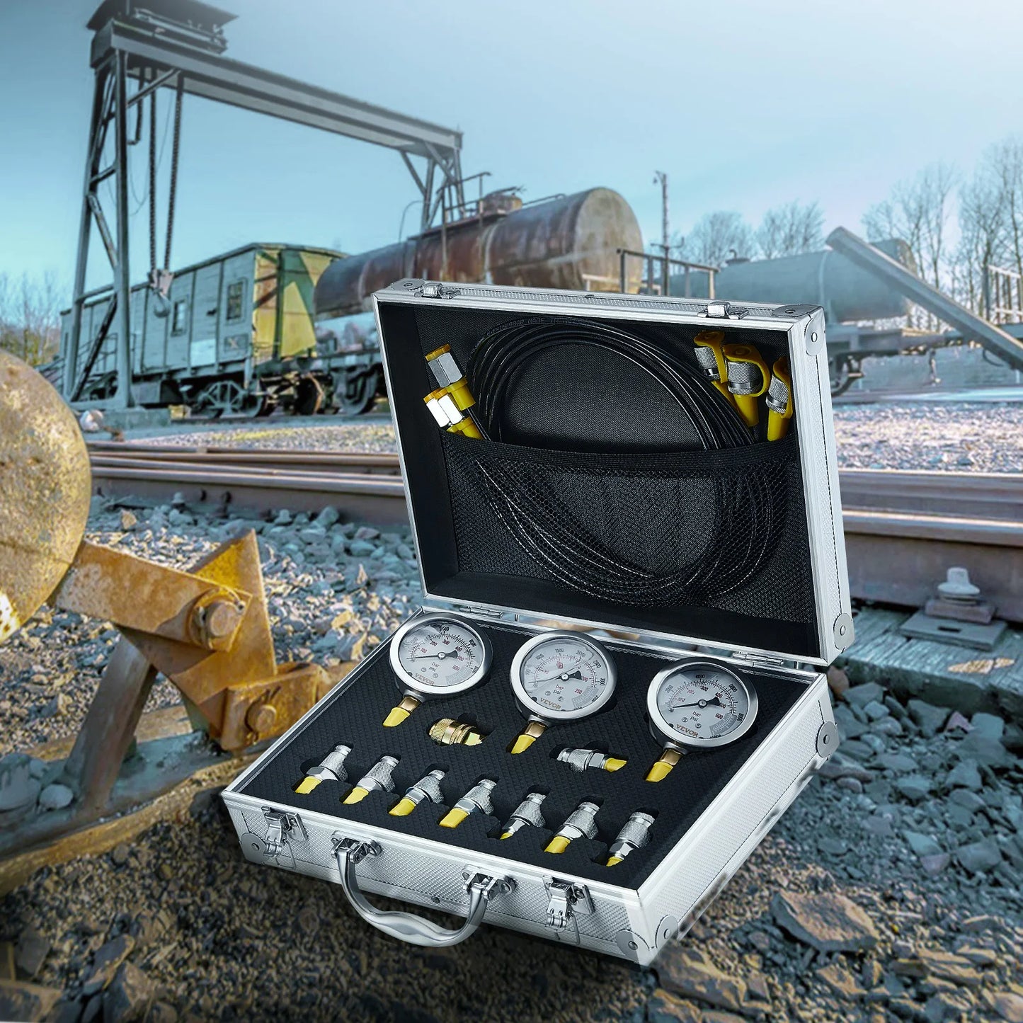 SucceBuy Hydraulic Pressure Test Kits Excavator Hydraulic Test Gauge Sets with Carrying Case for Excavator Tractors Machinery