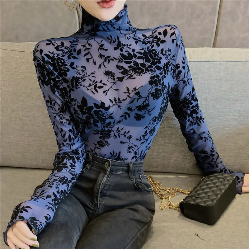 Women's Flocking Mesh Long Sleeve Top Floral Turtleneck