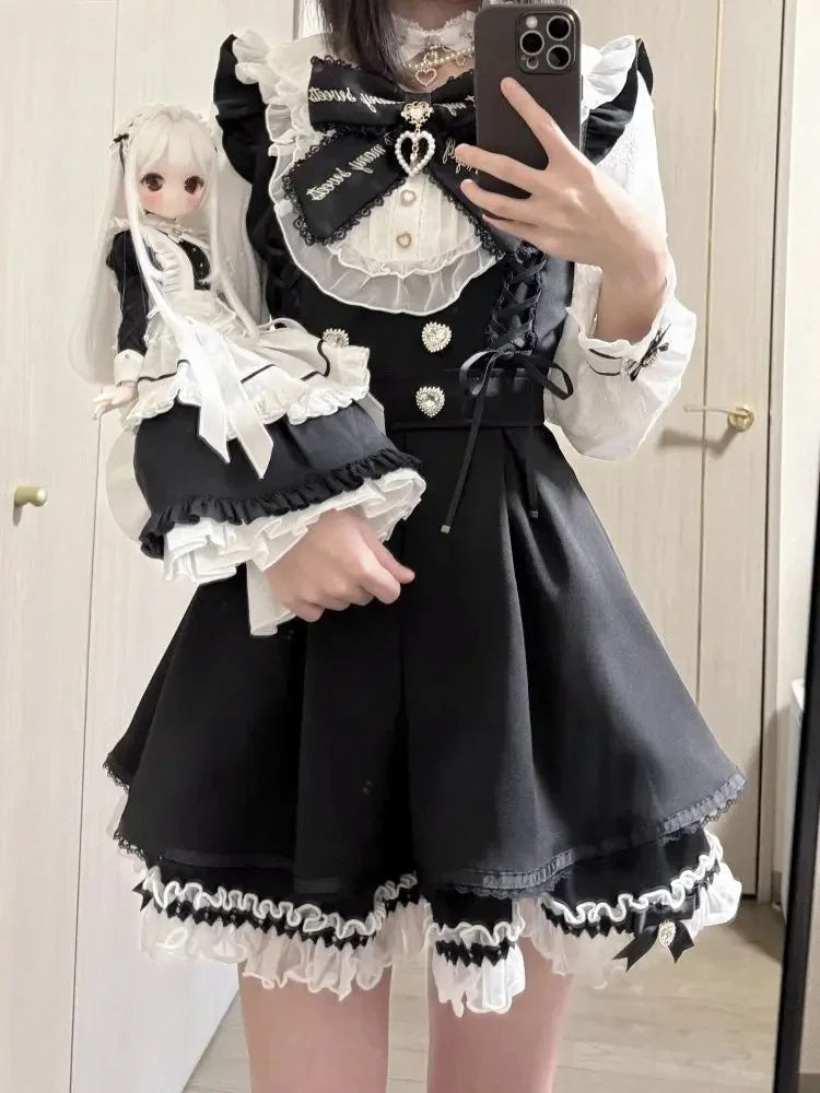 Japanese Y2K Aesthetics Vintage Bow Dress Shorts Set Women Gothic Lolita Style Long Sleeve Shirt Dress Elegant Party Dress Suits