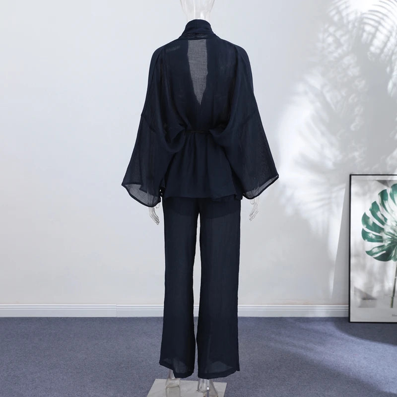 Fashion Stripe Long Pants Set Women Chic Lapel Single Breasted Shirt High Waist Wide Leg Trousers 2026 Spring New 2 Pcs Outfits