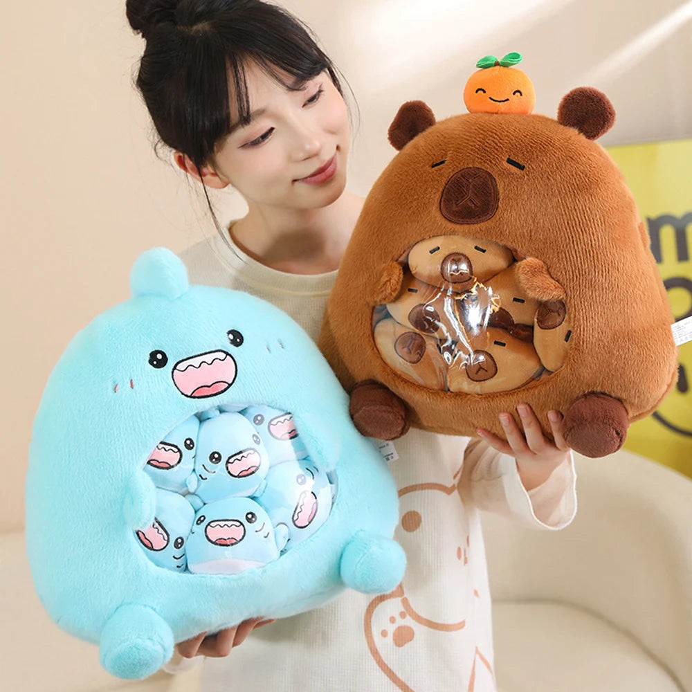 New Capybara Shark Shaped Snack Bag Plush Toys Super Soft Cartoon Squishy Pillow Funny Food Dolls Birthday Gifts Room Decor