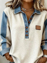 Spring Retro Contrast Color Women Sweatshirt Elegant Turn-down Collar Button Tops Pullover Autumn Long Sleeve Loose Top