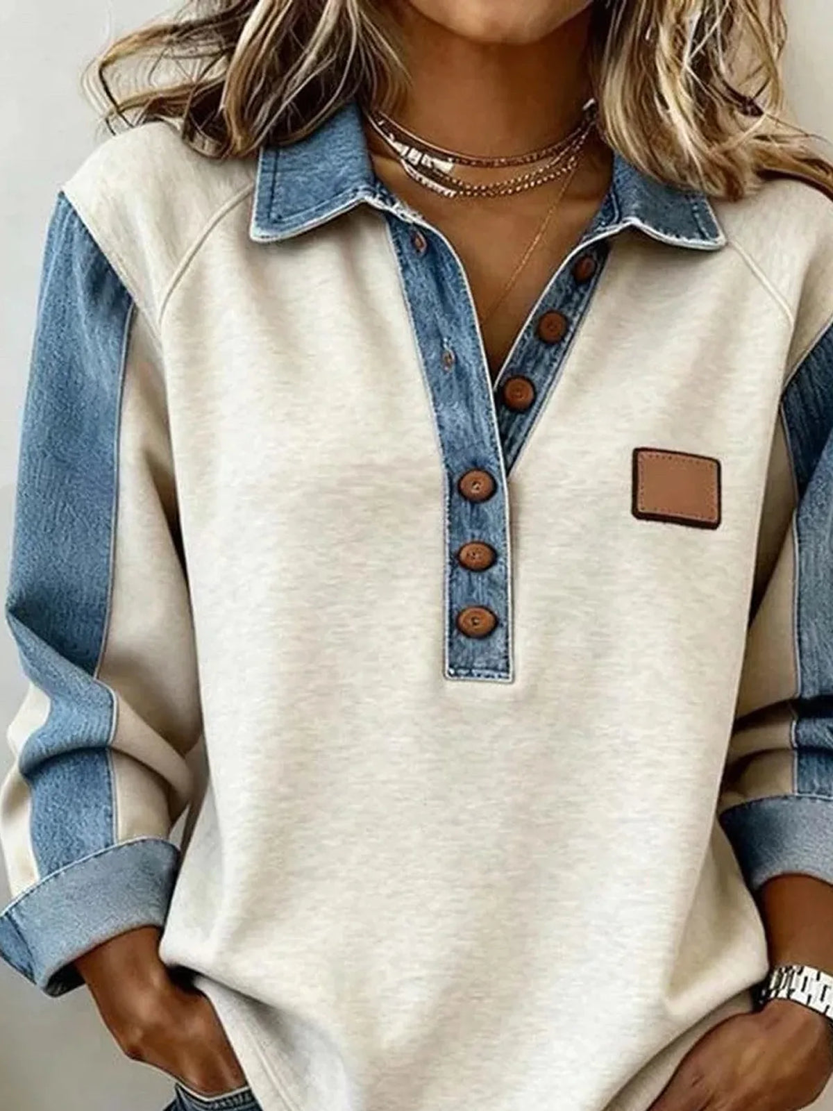 Spring Retro Contrast Color Women Sweatshirt Elegant Turn-down Collar Button Tops Pullover Autumn Long Sleeve Loose Top