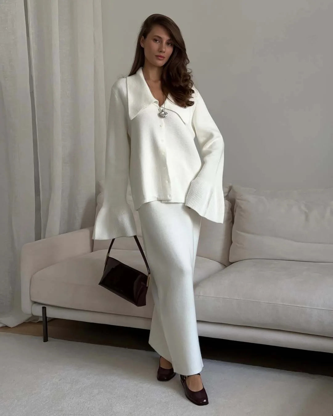 Hirsionsan Sexy Soft Elegant Vintage Women Suits 2 Pieces Female Sets Polo Neck Cardigan Sweater & Midi Dress Knitted TrackSuit