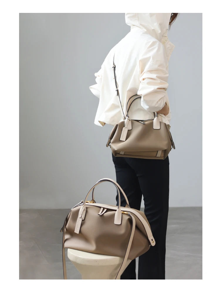 Women's Nylon With Genuine Leather Zipper Tote Lightweight Soft Travling Bags Versatile Style Handbag Different Colors And Size