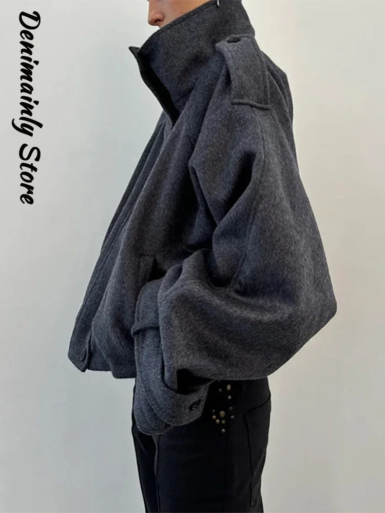Fashion Short Woolen Coat Women Stand Collar Single-breast Full Sleeve Loose Pocket Jacket Female 2026 Autumn Solid Lady Outwear