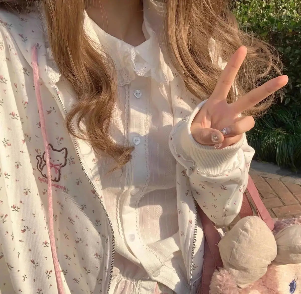 Women's Cat & Floral Print Zip-Up Hoodie