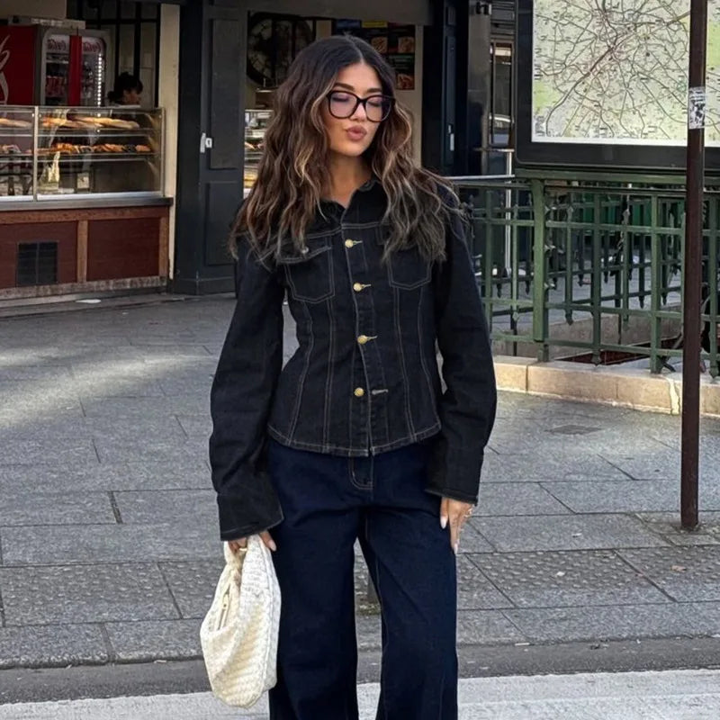 Y2K Vintage Patchwork Denim Jacket – Retro Streetwear Long-Sleeve Coat
