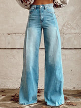 Women’s Retro Denim-Print Flared Trousers | USA Street Style Leg-Lengthening Tall Pants