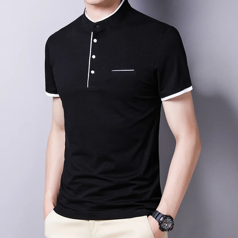 Men's Stand Collar Polo Tee – Solid, Anti-Wrinkle