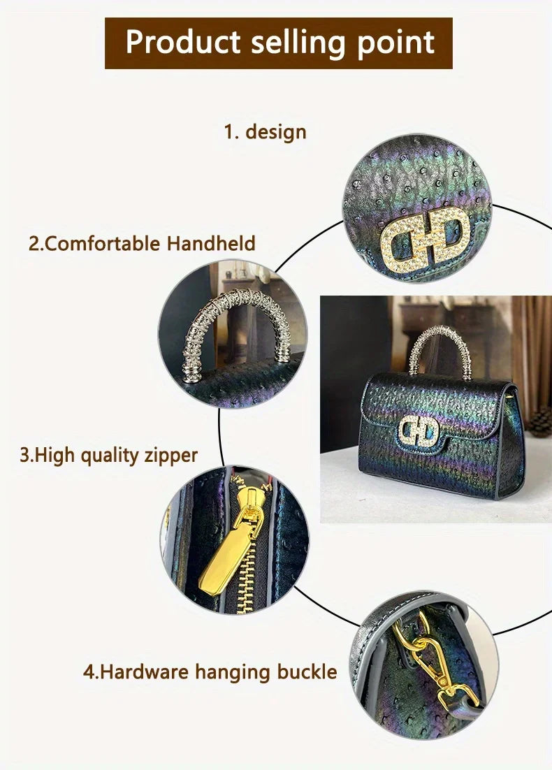 Advanced Ostrich Pattern Diamond Inlaid Women's Handbag New Fashionable High-End Shoulder Crossbody Bag