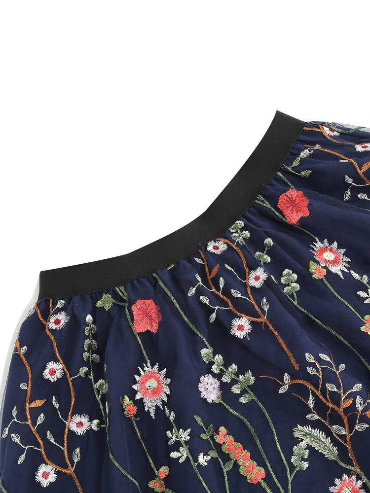 Tonval Floral Embroidered Mesh Midi Skirt – Elegant & Vintage