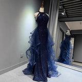 Elegant Sparkling Halter Evening Gown with Beading & Sweep Train
