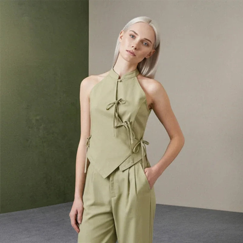 Women Green Bowknot Wide-leg Pant Suits Chic Solid Sleeveless Lace Up Slim Fit Long Pant Sets 2026 Lady Daily Street Outfits New