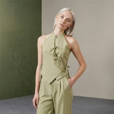 Women Green Bowknot Wide-leg Pant Suits Chic Solid Sleeveless Lace Up Slim Fit Long Pant Sets 2026 Lady Daily Street Outfits New