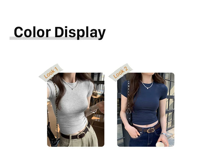 Y2K Vintage Slim Fit Crop Top - Solid Crewneck Short Sleeve Tee