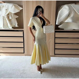 Women Fashion Solid Dress V-neck Ruffles Hem Short Sleeves Waist-cinching Draped Empire Dresses Summer Chic Elegant Summer Gown