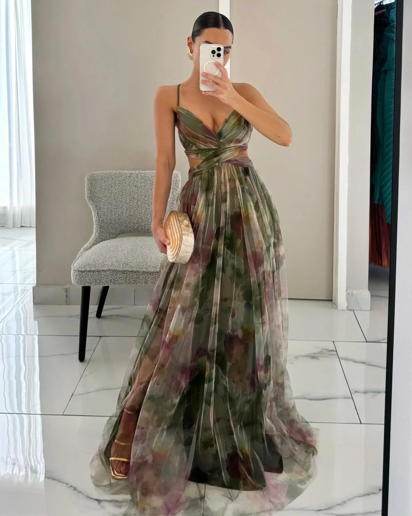 USA-Made Summer Floral Mesh Strap V-Neck Maxi Dress | Casual Holiday Party Long Skirt