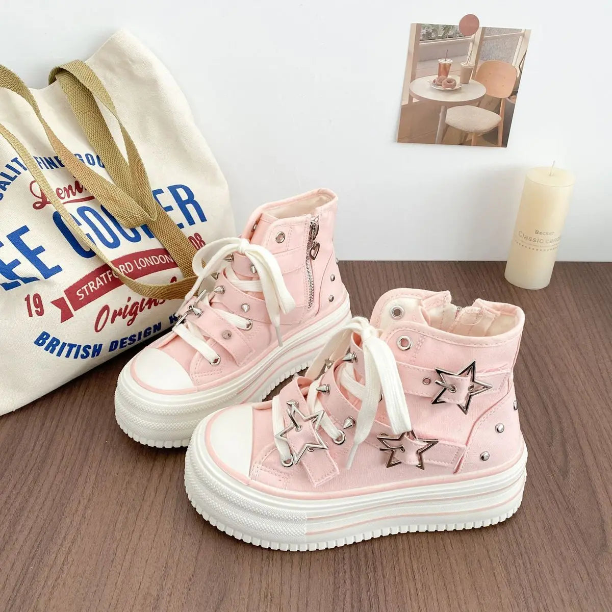 Women's High-Top Canvas Platform Sneakers — Rivet Buckle Lace-Up