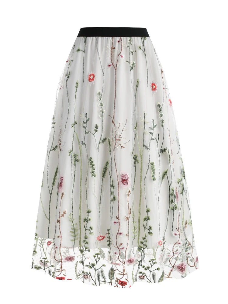 Tonval Floral Embroidered Mesh Midi Skirt – Elegant & Vintage