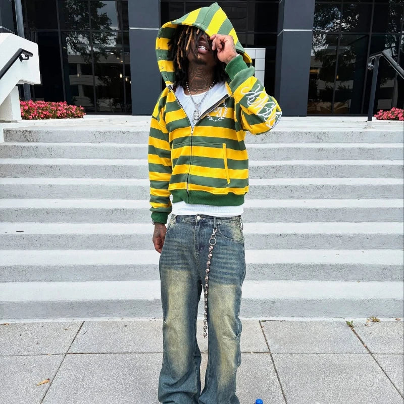 Y2K Striped Zip-Up Hoodie with Embroidery