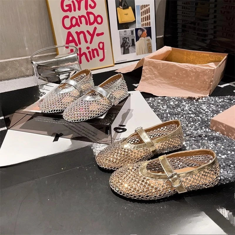 Rhinestone Mary Jane Mesh Ballet Flats