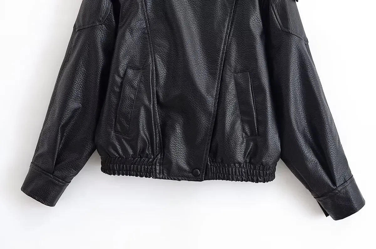 HH 2026 Women Trend Pu Leather Black Coats Stand Collar Long Sleeve Zipper Jacket Woman Fashion Vintage High Street Pu Jackets