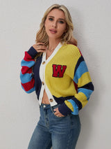 Colorful Striped Letter Knit Vest & Coat Set