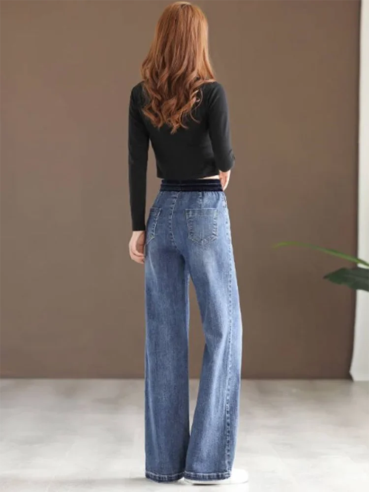 Winter Wide Leg Denim Pants Women Thicken Plush Velvet Lined High Waist Jeans Lace Up Warm Baggy Straight Vaqueros Pantalones