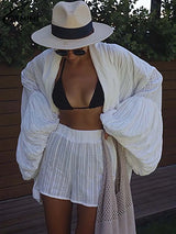 Oymimi Fashion White Cotton Women's Two Pieces Set Elegant Puff Sleeve Loose Lace-Up Shirts And High Waisted Shorts Female Sets