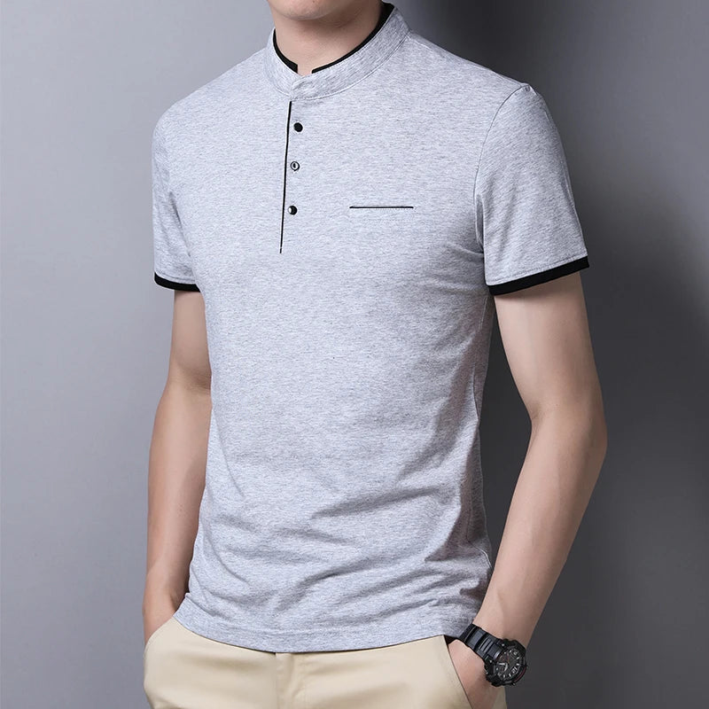 Men's Stand Collar Polo Tee – Solid, Anti-Wrinkle