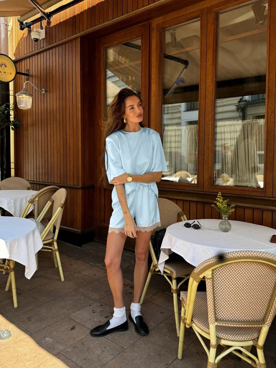 Hirsionsan Loose Sets Women Two Pieces Short Tops & Lace Patchwork Shorts Elegant Female High Quality Outfits Soft Tracksuit