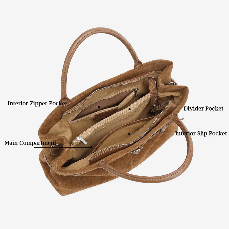 Oversized Suede Leather Briefcase Spacious Handheld Shoulder Crossbody Bag Women Slouchy Commuting Premium Light Luxury Handbag