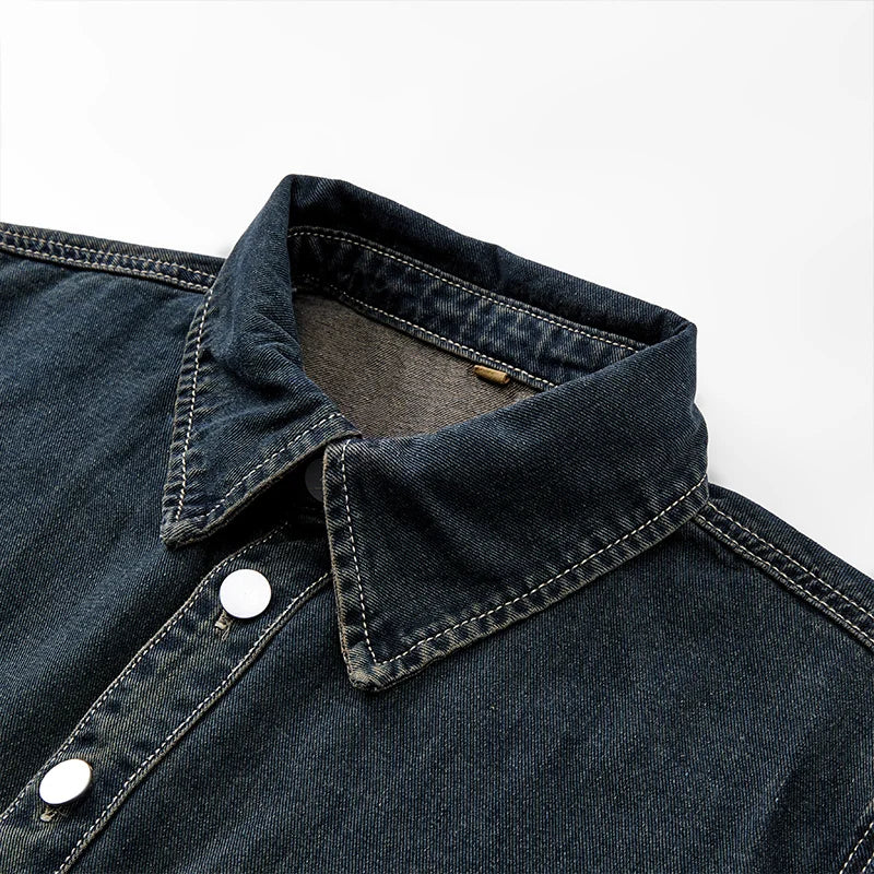 Heavy duty washed denim jacket for men vintage blue lapel long sleeved shirt style jacket casual and loose outer wear