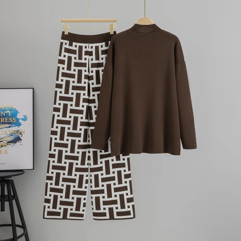 Women’s Autumn Color-Block Knit Set | Loose Split Top & Wide Leg Pants