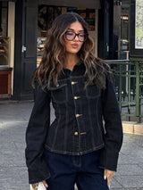Y2K Vintage Patchwork Denim Jacket – Retro Streetwear Long-Sleeve Coat