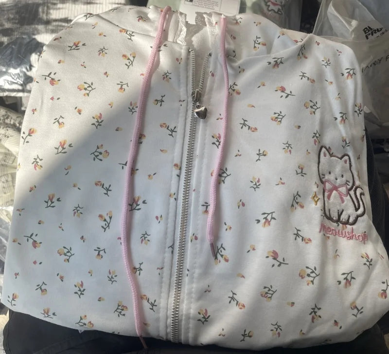 Women's Cat & Floral Print Zip-Up Hoodie