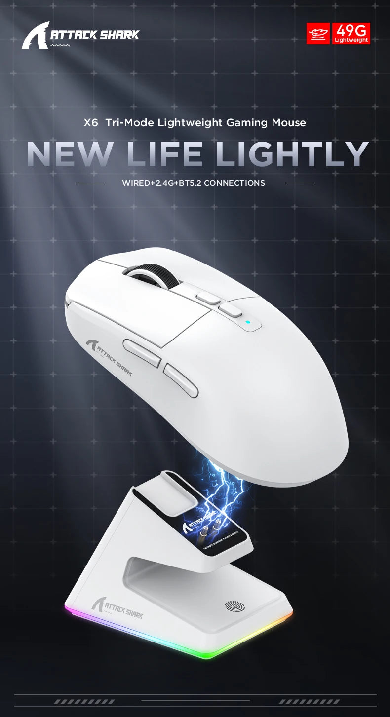 Attack Shark X6 Bluetooth Mouse Gaming Wireless Tri-Mode Connection,RGB Touch Magnetic Charging Base PAW3395 Macro Gaming Mouse