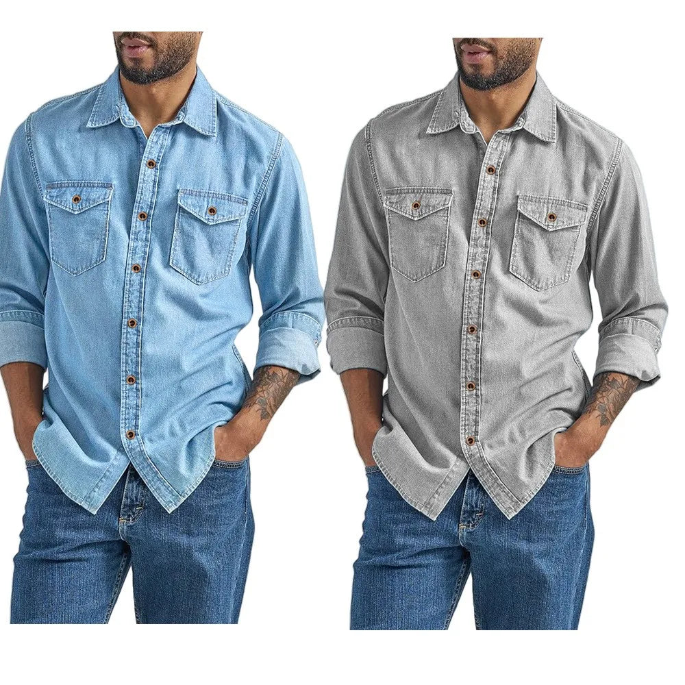 Men's Denim Shirt Slim Fit Light Blue Long Sleeve Casual Top with Two Chest Pockets Button Front Copper Buttons Washed Gray