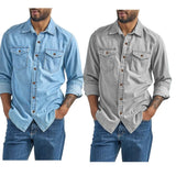 Men's Denim Shirt Slim Fit Light Blue Long Sleeve Casual Top with Two Chest Pockets Button Front Copper Buttons Washed Gray
