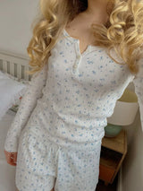 Eyelet Buttons White Long Sleeve T-shirt Shorts Set Woman Slim Tees+Elastic Straight Sweatshort Cotton Home Pajama 2 Piece Sets