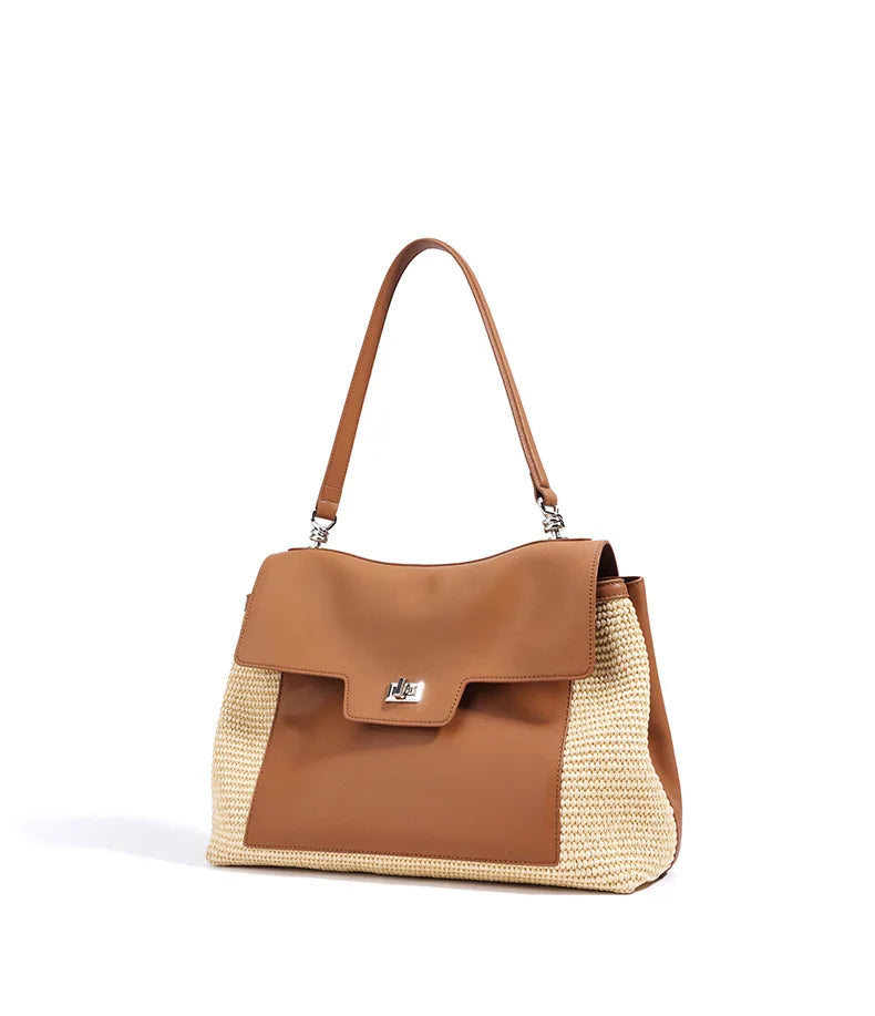 Summer 2026 Women's Raffia Woven Tote Bag Split Leather Crossbody Straw Messenger Bag Grass Weaving Shoulder Bag for Ladies New