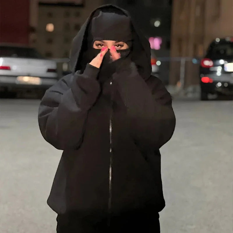 2025 Men's and Women's Balaclava Y2K Gothic Harajuku Winter Fashion Double Hooded Sportswear Men's Hooded Mask Zipper Sportswear