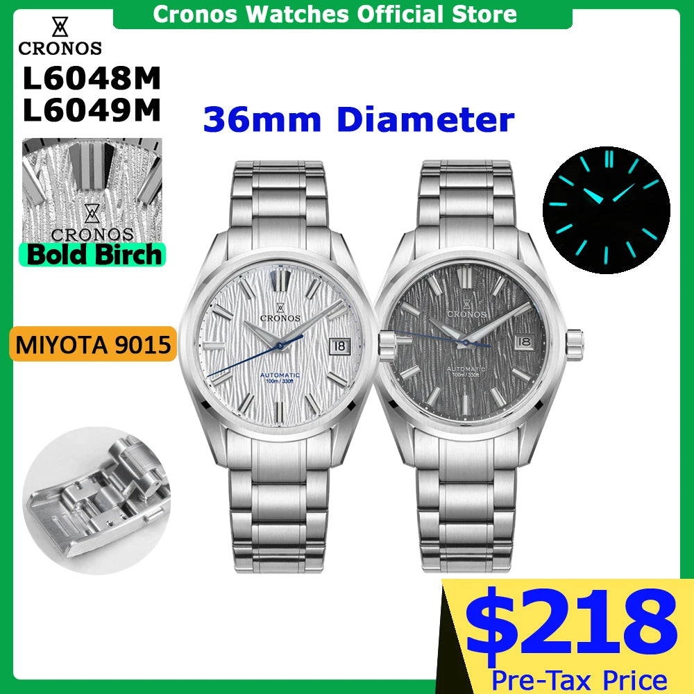 Cronos Men Watch 36mm Automatic PT5000 Miyota 9015 Movement Wristwatches White Dial Birch Pattern Sapphire 10 ATM L6048M