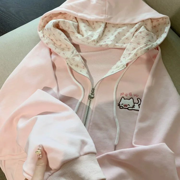 Women's Pink Embroidered Zip-Up Hoodie