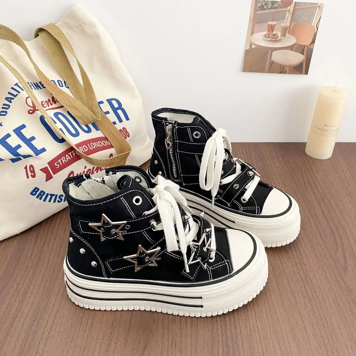 Women's High-Top Canvas Platform Sneakers — Rivet Buckle Lace-Up