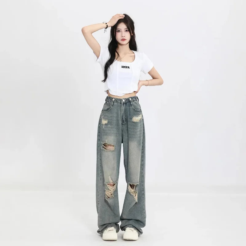 Y2K Vintage Wide-Leg Distressed Jeans