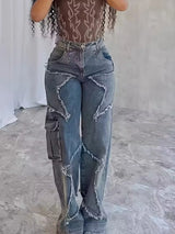 Star Embroidery High-Waist Stretch Jeans